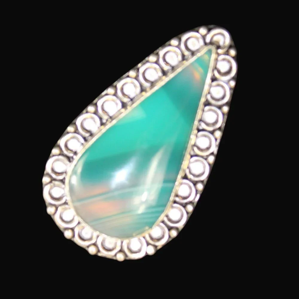 Vintage 925 Silver Green Banded Agate Statement Ring Boho Southwest Teardrop - Picture 5 of 8